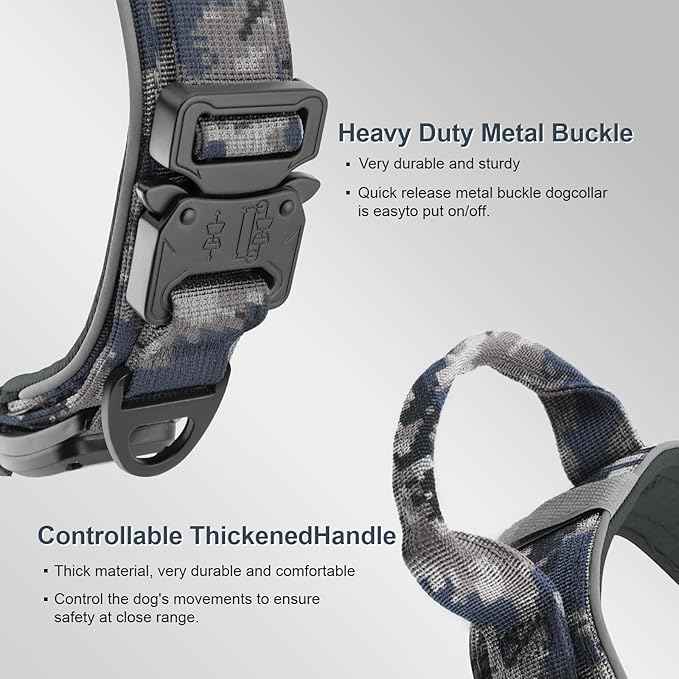 2026 Upgrade Dog Collar with IPX8 Waterproof AirTag Holder,Military Tactical Handle and Ultra-Durable Metal Buckle/Night Reflective,GPS Collar for Medium to Large Dogs (Camouflage Grey/L)