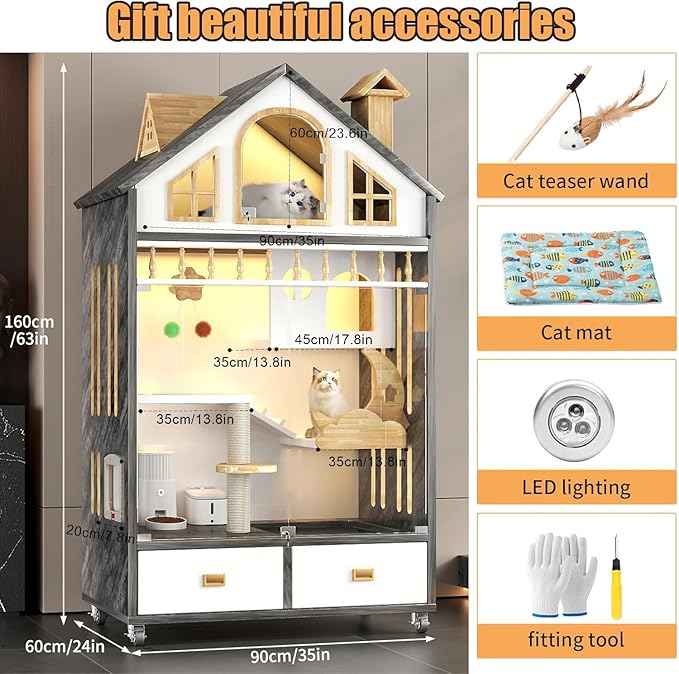 Wooden Cat House Indoor Cats Villa on Wheels, Large Space Cat Cage with Scratching Post, Multi-Feature Enclosed Cat Condo with Cat Litter Box Drawer, 63" X 35" X 24"