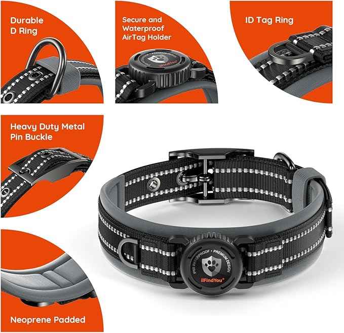 Upgraded AirTag Dog Collar with Holder, Waterproof Reflective Air Tag Dog Collar with Widened Comfortable Padding & Ultra-Durable Metal Buckle, Adjustable for Medium (Black, Small)