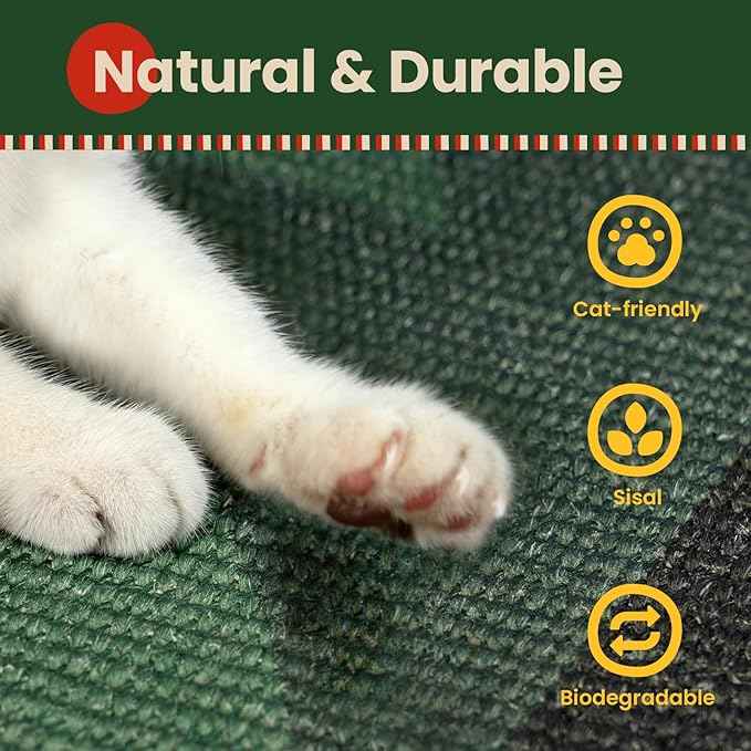 Cat Scratcher Mat,Sisal Cat Scratch Pad,Horizontal Floor Cat Scratching Pads Rug for Indoor Cats,Protector for Wall&Carpets&Sofas,Kitty Xmas-Gift, Includes Cat Toy (M, Christmas)