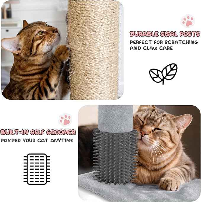 MoNiBloom Cat Tree Tower, 34 Inch Cat Tower with 2 Condos, Scratching Post & Sisal-Covered Scratching Board, Small Cat Climbing Tower, Pet Play House for Indoor Cats, Light Grey