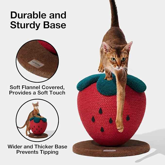 VETRESKA Strawberry Cat Scratching Post, Cute Cat Scratcher with Jute Rope, Vertical Cat Scratch Post for Indoor Cat and Kitten, Ring Paper Strawberry Leaves Attract Cats