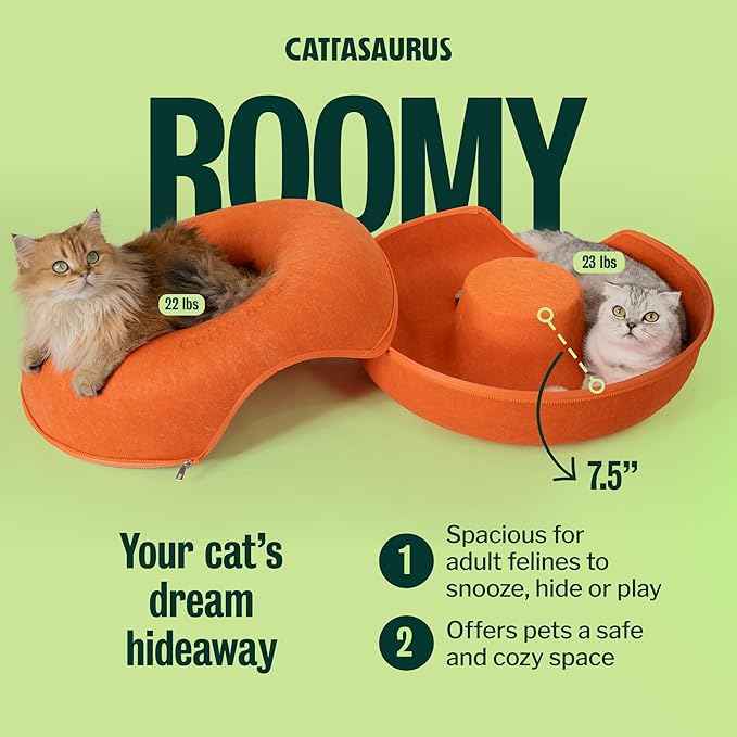 Cattasaurus Peekaboo Cat Cave Donut for Multiple & Large Cats up to 30-45 lbs, 3-in-1 Self Warming Cat Bed, Tunnel & Scratcher for Indoor Cats, Washable & Detachable Small Dog Bed (Orange, Large)