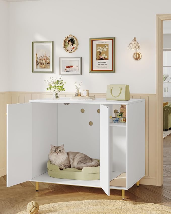 Extra Large Cat Litter Box Enclosure, Automatic Litter Box Furniture with Scratch Pad, Wooden Modern Self-Cleaning Cat Cabinet with Storage, Cats House, End Table, White and Gold CB87103G