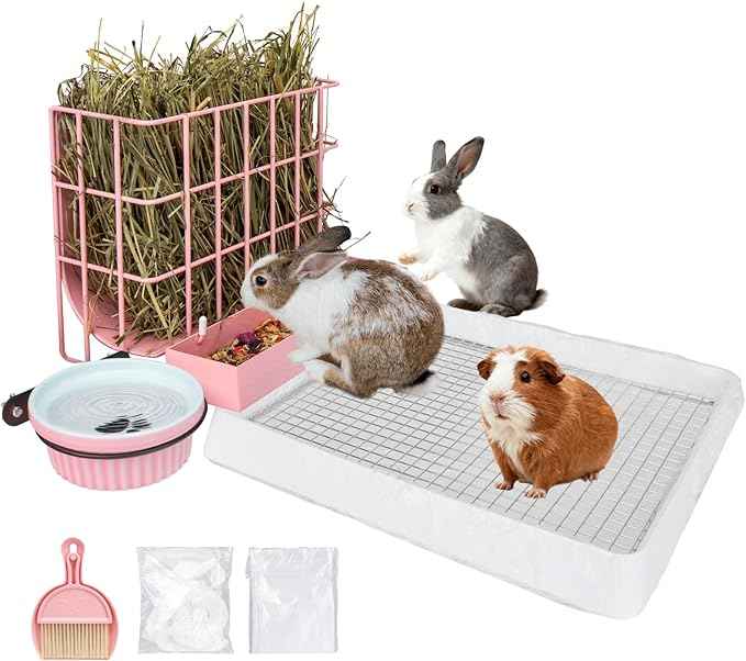 3 in 1 Rabbit Hay Feeder with Litter Box,Upgraded Metal Hay Rack & Litter Tray & Water Bowl,Quick Cleaning,Easy to Install,Bunny Supplies for Rabbit Guinea Pig Chinchilla Small Animals