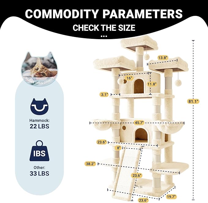 Allewie 82 Inches Large Cat Tree/House/XXL Tall Cat Towers for Big Feline/Scratching Post/Multi-Level Large Kitty Climbing Tree with Condo/Beige