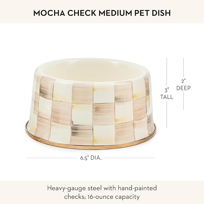 MACKENZIE-CHILDS Enamel Pet Bowl, Cute Cat and Dog Bowl for Food and Water, Medium, Brown-and-White Mocha Check