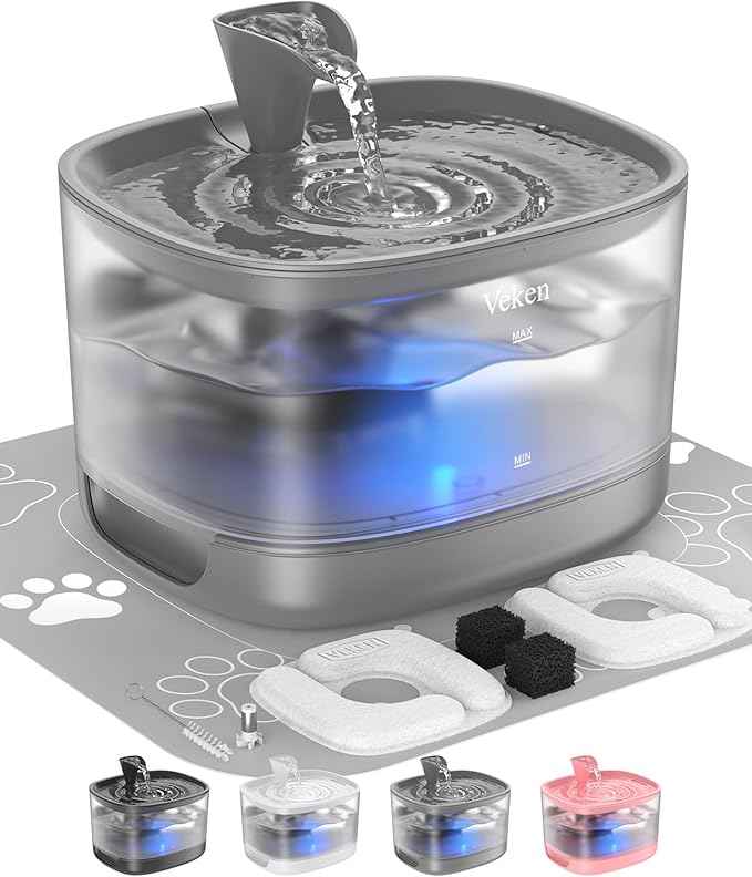 Veken Cat Water Fountain with Detachable Tank, Easy to Clean & Assemble, 84oz/2.5L Pet Drinking Dispenser with Quiet Operation & LED Light, Gifts for Christmas, Cats, Dogs and Small Pets, Grey