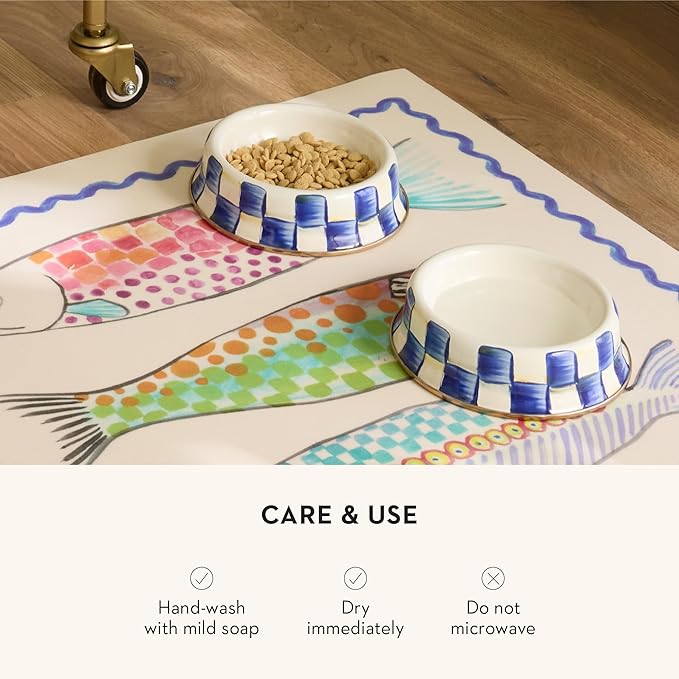 MACKENZIE-CHILDS Pet Bowl, Cute Cat and Dog Bowl for Food and Water, Blue-and-White Royal Check, Small