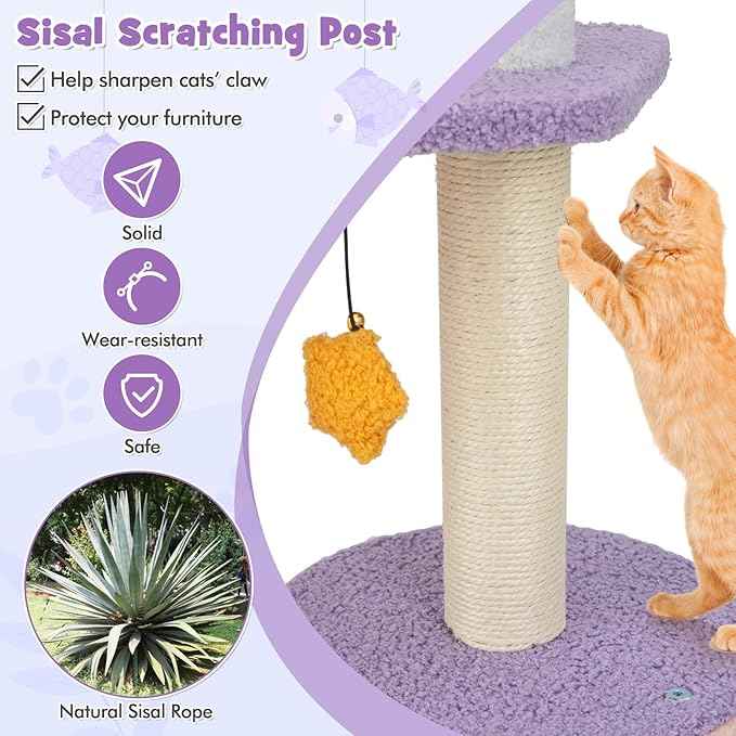 PETSITE Star and Moon-Themed Cat Tree Tower, Multi-Level Modern Cat Tower with Sisal Scratching Posts, Cat Condo, Side Hammock, Hanging Dangling Toys, Cute Cat Tree for Indoor Cats (66 Inch Tall)