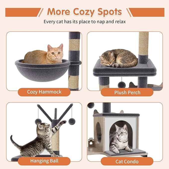 HavenlyYouth Cat Tree with Food Station and Litter Box Enclosure, Multi-Level Cat Tree Tower with Sisal Scratch Posts for Playtime, Plush Hammock in Gray for Cozy