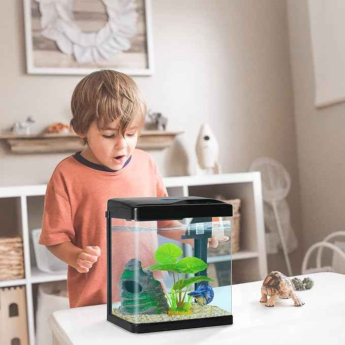 Betta Fish Tank Self Cleaning 2 Gallon Small Aquarium Starter Kits Desktop Room Decor w/LED Light Decorations & Whisper Filters Water Pump (260V2)