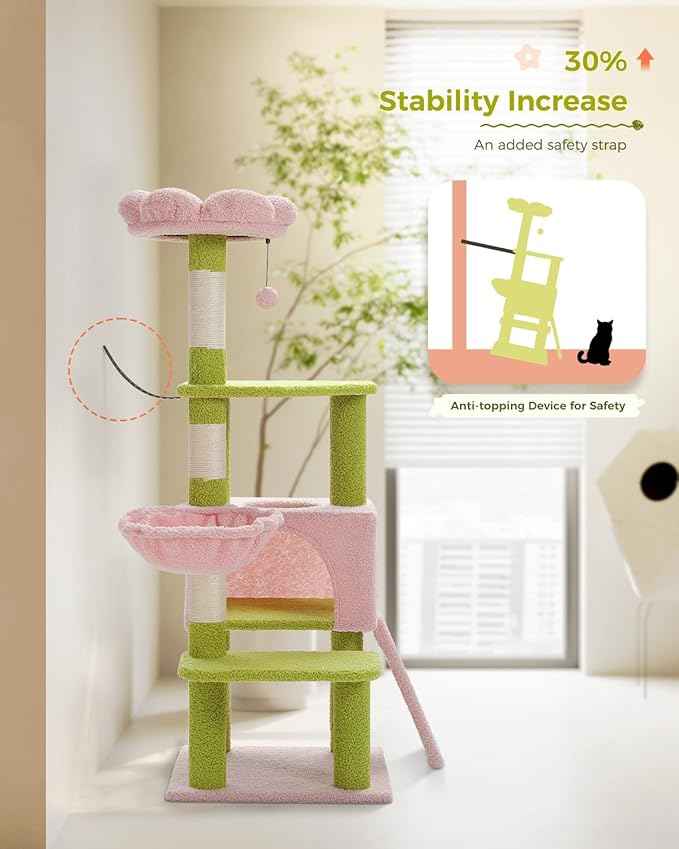 Flower Cat Tree 47.2" Multi-Level Cat Tower with Sisal Covered Scratching Posts, Cute Cat Condo for Indoor Small Medium Cats, Pink Top Perch, Fluffy Ball, Pink