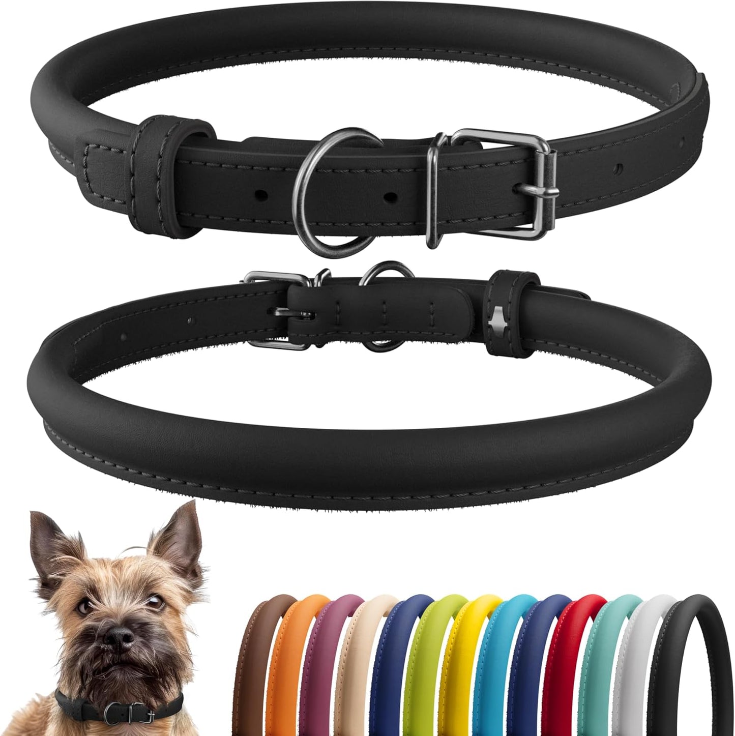 CollarDirect Rolled Leather Dog Collar, Soft Padded Round Puppy Collar, Handmade Genuine Leather Collar Dog Small Large Cat Collars 13 Colors (8-11 Inch, Black Smooth)