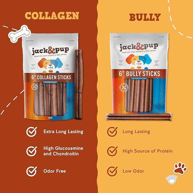 Jack&Pup 6" Beef Collagen Sticks for Dogs - Rawhide Free Dog Chews Long Lasting Collagen Chews for Dogs - Bully Sticks Alternative (4 Pack)