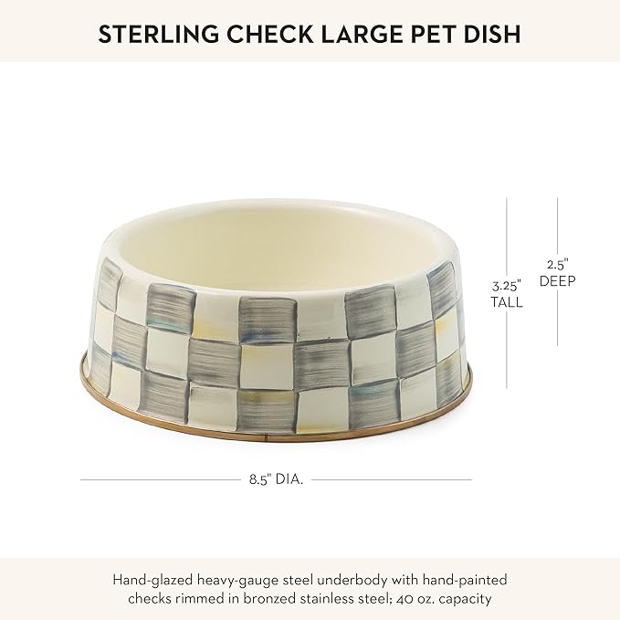 MACKENZIE-CHILDS Pet Bowl, Cute Cat and Dog Bowl for Food and Water, Gray-and-White Sterling Check, Large
