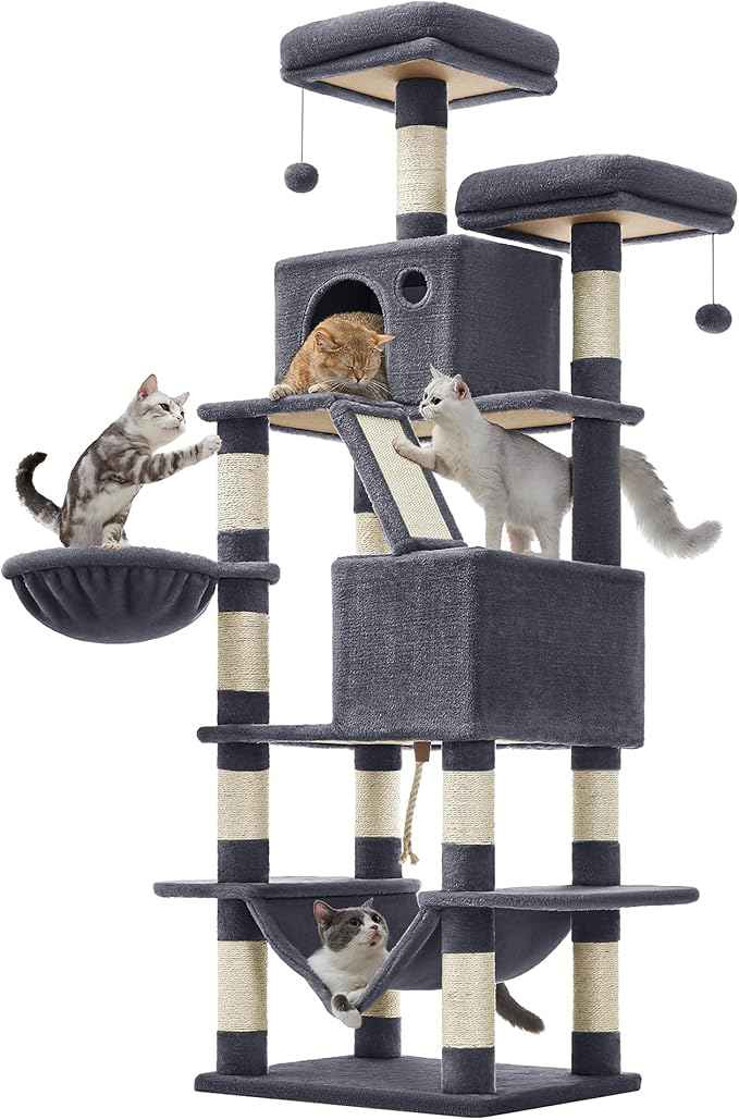 Feandrea Cat Tree, 66.1-Inch Large Cat Tower, Multi-Level Plush Condo with 13 Scratching Posts, 2 Perches, 2 Caves, Basket, Hammock, Pompoms, Smoky Gray UPCT165G01