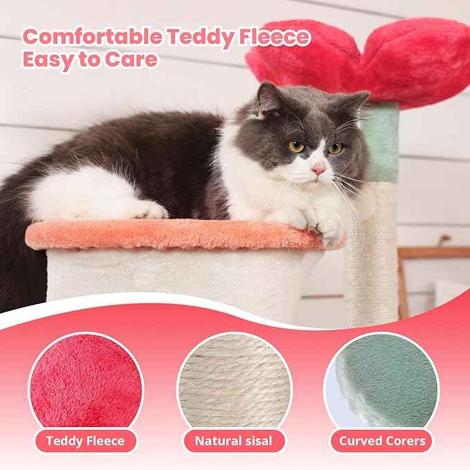HYABi 56.3in Flower Design Cat Tree, Foldable Multi-Level Tower for Large Cats, Space-Saving Cat Furniture with Scratching Posts, Plush Condo for Indoor Cats