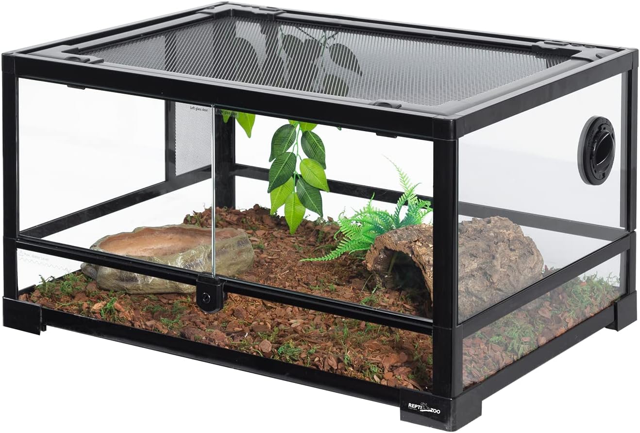 REPTI ZOO Full Glass 20 Gallon Reptile Tank, Front Opening Reptile Terrarium 24" x 18"x 12", Double Hinged Opening Doors & Top Screen Ventilation Escape Proof Lid - FurryFun