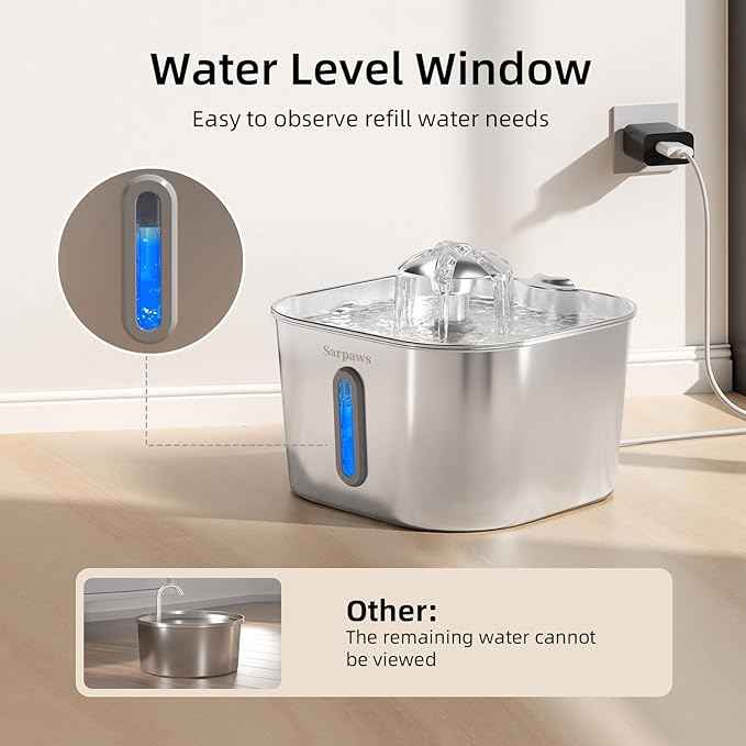 Cat Water Fountain Stainless Steel：74oz/2.2L SARPAWS Water Fountains for Cats Indoor, Cat Fountains for Drinking, Ultra-Quiet, Water Level Window, Pet Water Fountain - 6 Filters + 3 Sponges