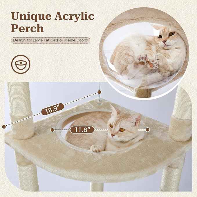 PETEPELA Floor to Ceiling Cat Tree, 92.9''-101.6''Height Adjustable Cat Tower Tall Cat Climbing Play House, Cozy Condo, Scratching Post and Spacious Hammock for Indoor Cats Large Adult, Beige