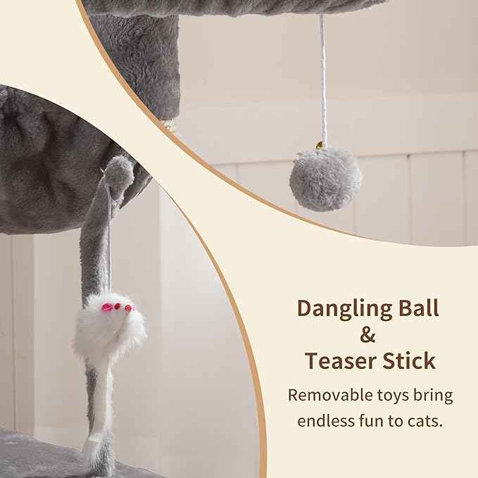 Heybly Cat Tree with Toy, Cat Tower Condo for Indoor Cats, Cat House with Padded Plush Perch, Cozy Hammock and Sisal Scratching Posts, Light Gray HCT004SW