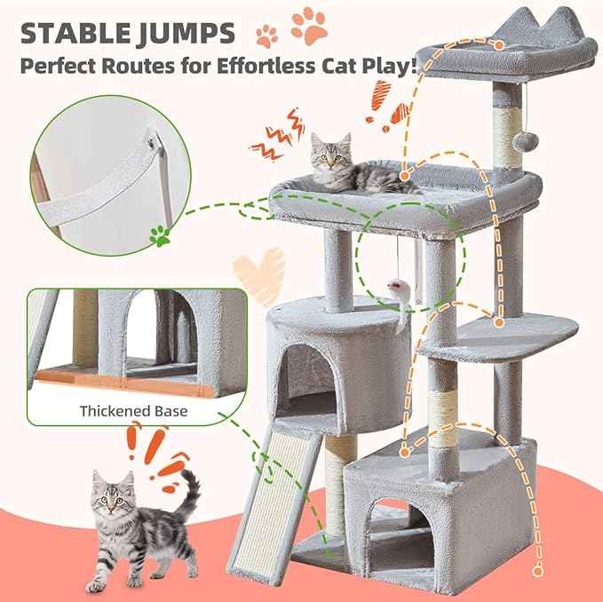 Taoqimiao Cat Tree for Indoor Cats, 55.1In Sturdy Cat Tower, Large Platform, Rotatable Round Condo with Large Scratch Board, Extended Cat House, Thickened Full-Sisal Scratching Post, Light Gray, F10W