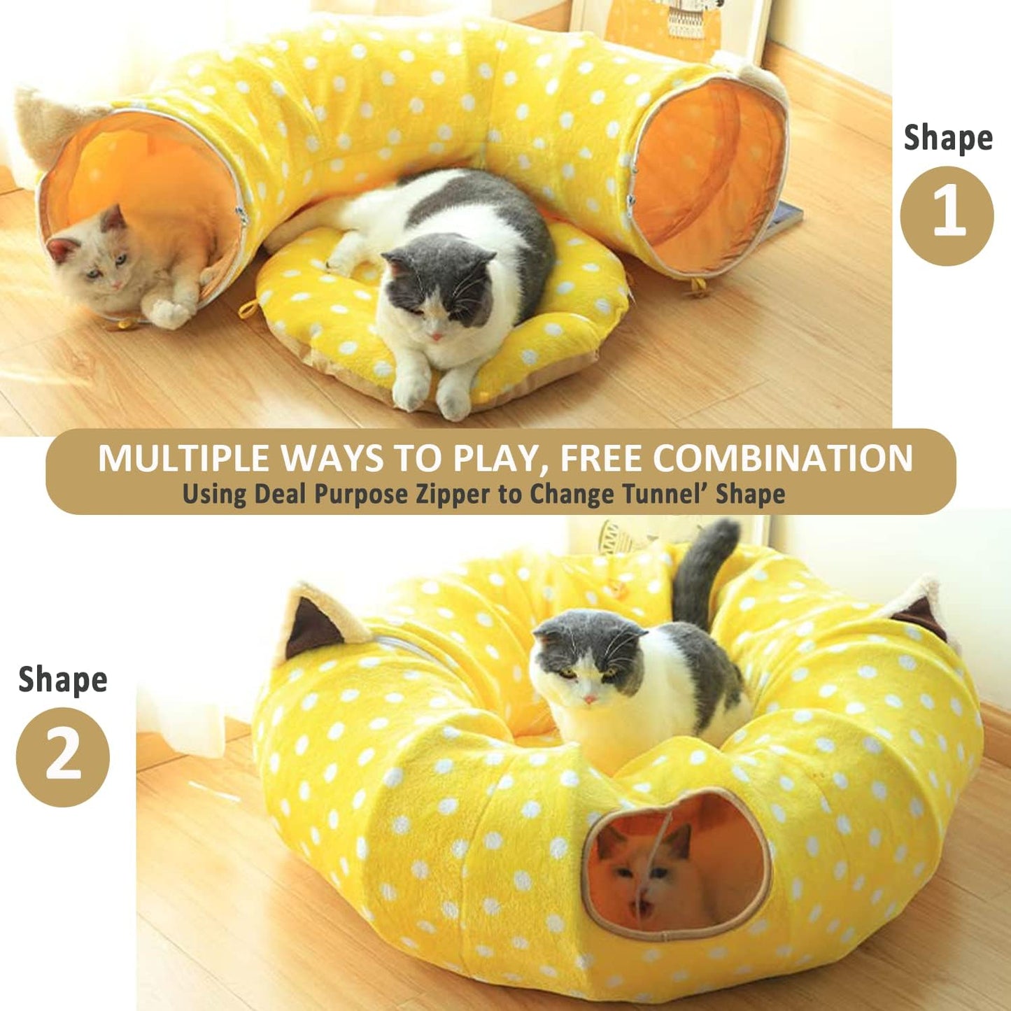 AUOON Cute Cat Donut Tunnel - Round Cat Tunnel Bed with Washable Cushion Interactive Cat Toy for Indoor Cats Kitten Kitty Puppy Rabbit Ferret (Pink)