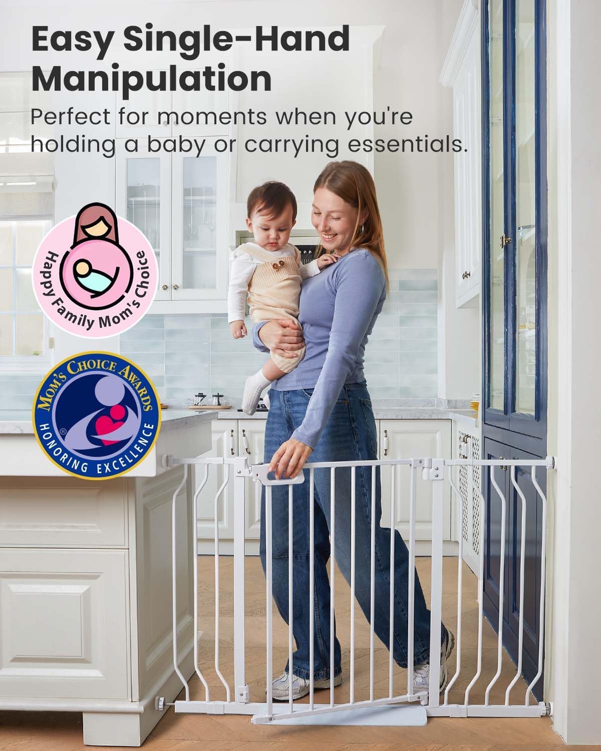 Mom's Choice GROWNSY Baby Gate, 29.5"-53" Auto-Close Dog Gate for Stairs & Doorways, Pressure-Mounted Easy Install Baby Gate - No Drill, Anti-Trip, Walk Through, Safe & Durable