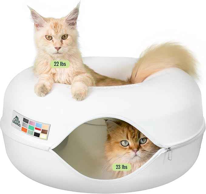 Cattasaurus Peekaboo Cat Cave Donut for Multiple & Large Cats up to 30-45 lbs, 3-in-1 Self Warming Cat Bed, Tunnel & Scratcher for Indoor Cats, Washable & Detachable Small Dog Bed (White, Large)