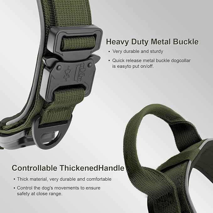 2026 Upgrade Dog Collar with IPX8 Waterproof AirTag Holder,Military Tactical Handle and Ultra-Durable Metal Buckle/Night Reflective,GPS Collar for Medium to Large Dogs (ArmyGreen/XL)
