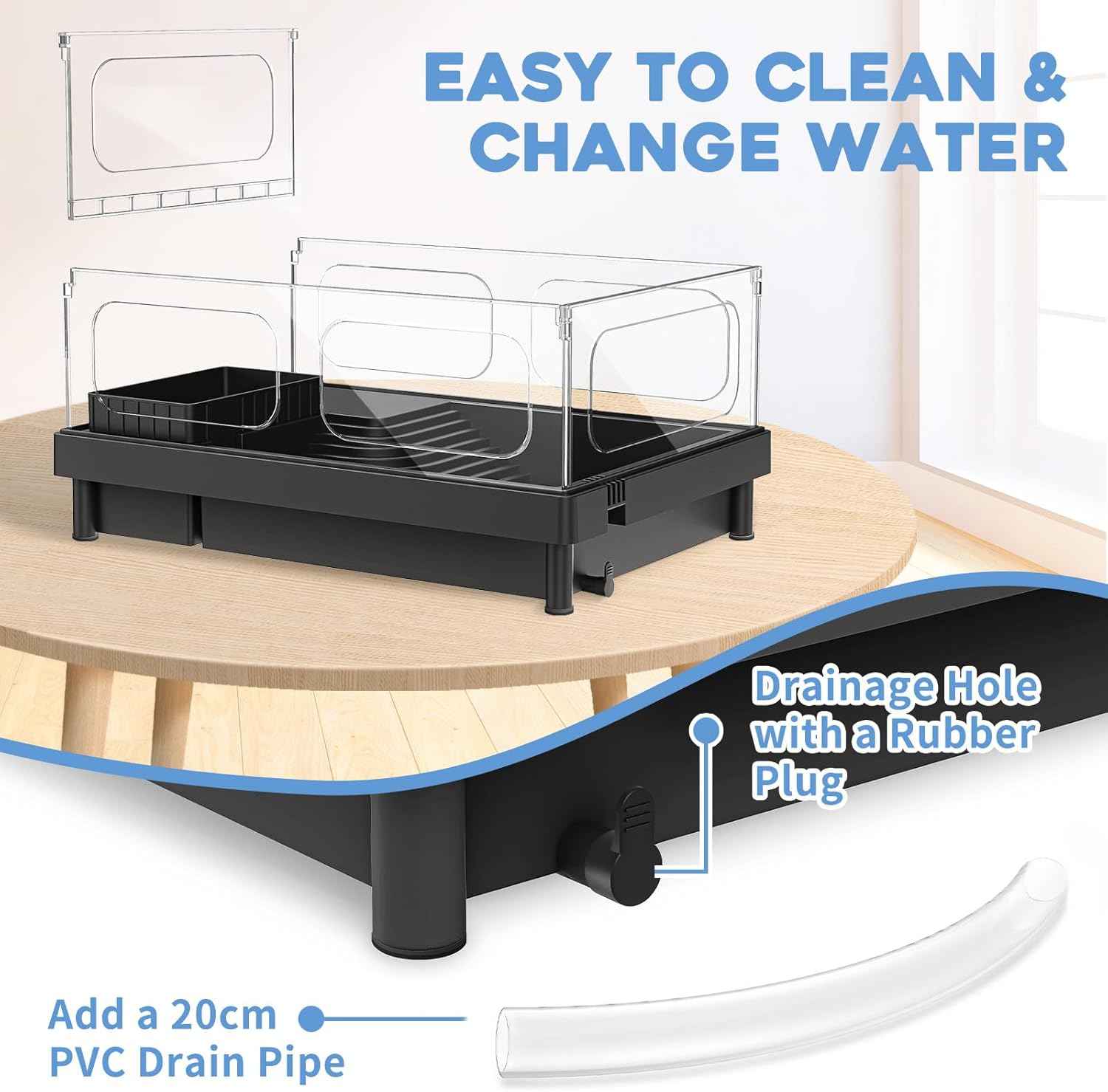 Small Turtle Tank Kit, Acrylic Turtle Tank Starter Kit with Basking Platform, Bottom Drainage, Multi-Function Areas for Turtles, Crabs, Crayfish, Small Reptiles. (Black+White)