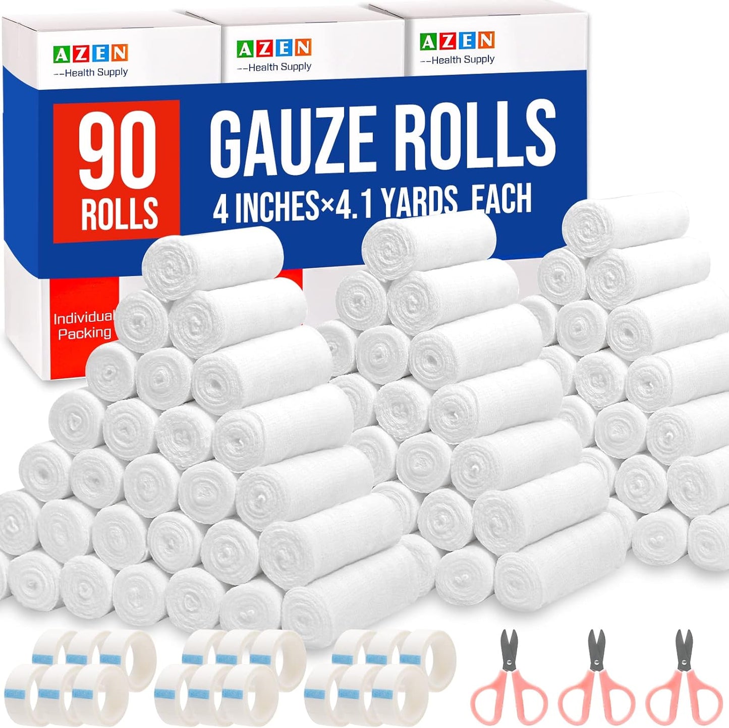 AZEN 90 Pack Gauze Rolls Bandages, 4 in x 4.1 Yards, Premium Medical Supplies & First Aid Supplies, Bandage Wrap Vet Wrap, Mummy Wraps (3 Boxes x 30 Rolls)