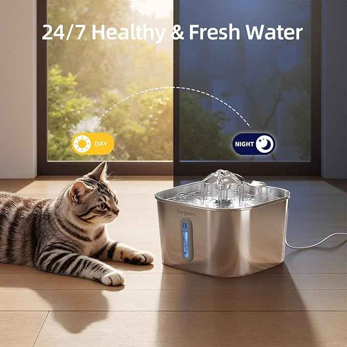 Cat Water Fountain Stainless Steel：74oz/2.2L SARPAWS Water Fountains for Cats Indoor, Cat Fountains for Drinking, Ultra-Quiet, Water Level Window, Pet Water Fountain - 6 Filters + 3 Sponges