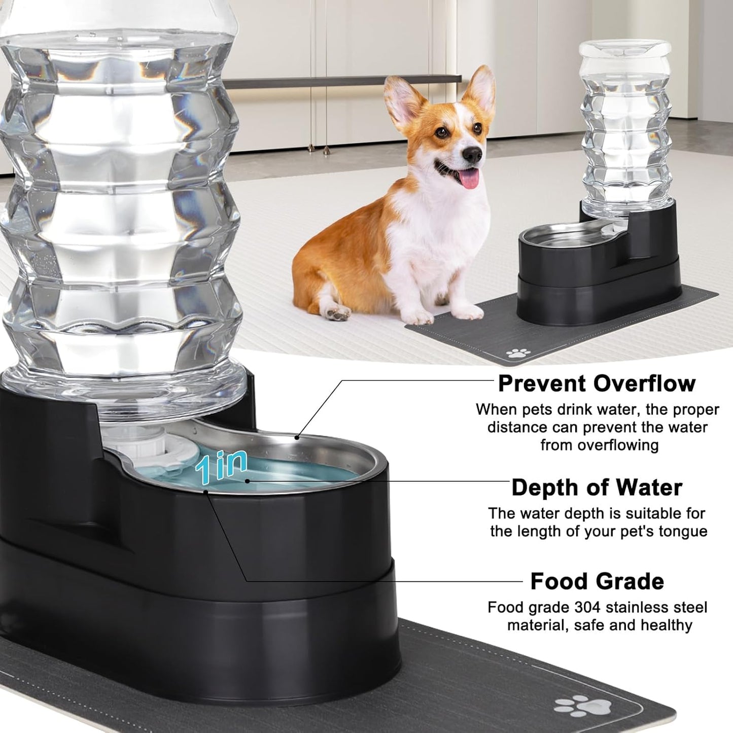 RIZZARI Large Water Dispenser for Dogs: 8L Automatic Stainless Steel Black Gravity Raised Pet Feeder for Pet Dogs Indoor/Outdoor