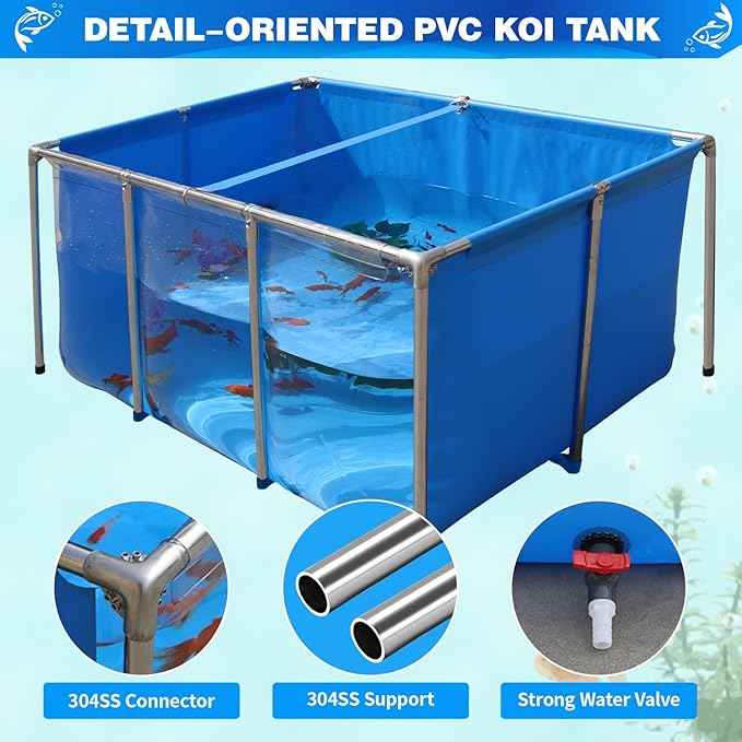 PVC KOI Aquarium Tank, Temporary Fish Tank with Clear Viewing Panel, KOI/Goldfish Pond with 304SS Frame & Drain Valve(59.0" L*31.5" W*27.6" H, About 200Gal Water Capacity)