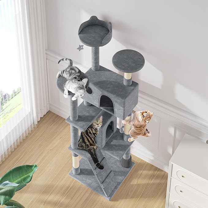MoNiBloom 77 Inch Cat Tree Tower for Indoor Cats Large Adults, Tall Cat Tower with Scratching Post, Multi-Level Furniture Activity Center with Cat Condo Pet Play House, Light Grey