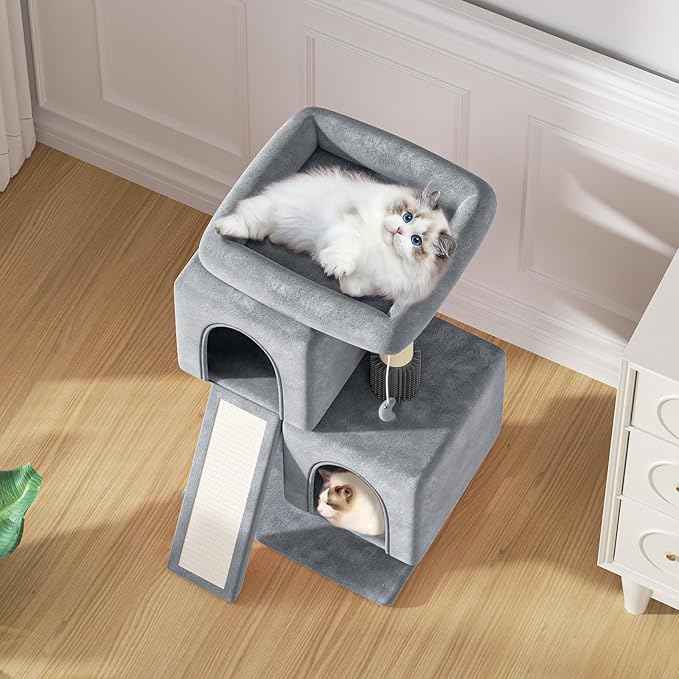 MoNiBloom Cat Tree Tower, 34 Inch Cat Tower with 2 Condos, Scratching Post & Sisal-Covered Scratching Board, Small Cat Climbing Tower, Pet Play House for Indoor Cats, Light Grey