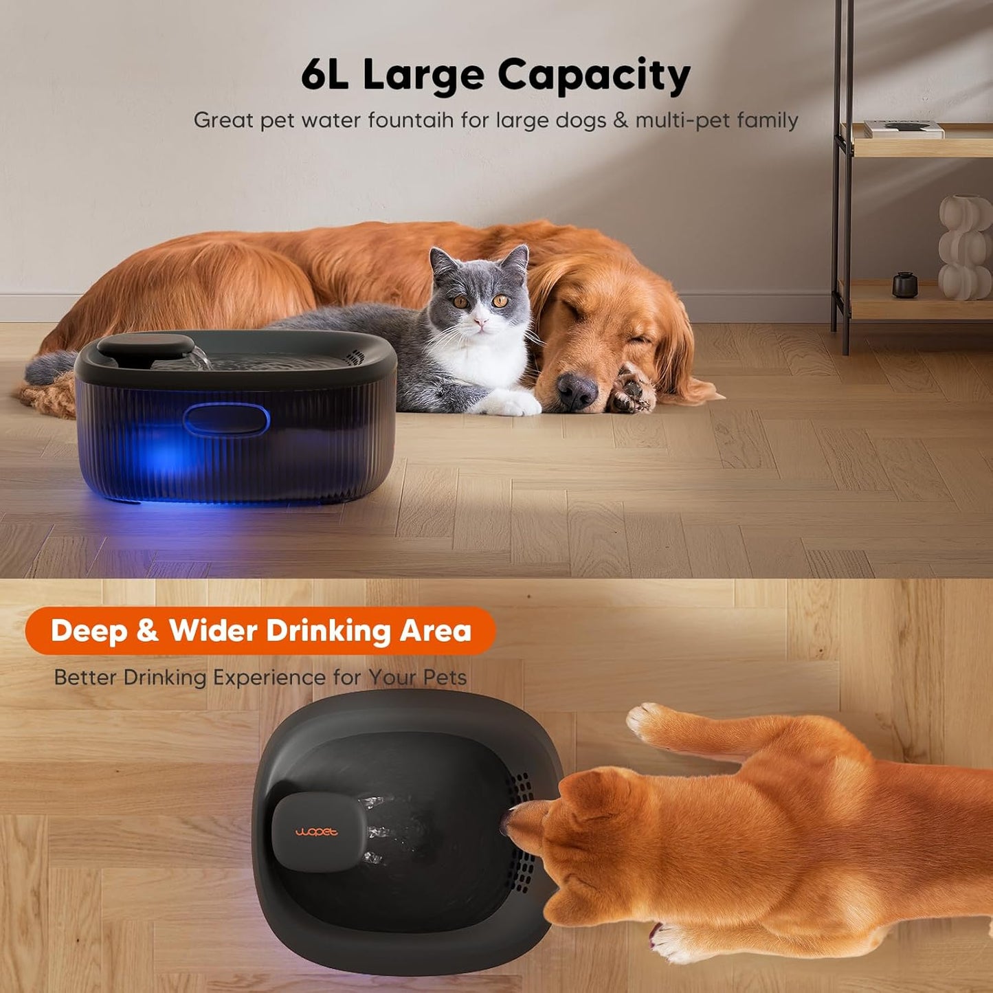 WOPET Dog Water Fountain for Large Dogs, 6L/205oz/1.7Gal Automatic Dog and Cat Water Fountain,Dog Water Dispenser with 2 Filters,Ultra-Quiet Pump,Great for Large Dogs Cats and Multi-Pet Home