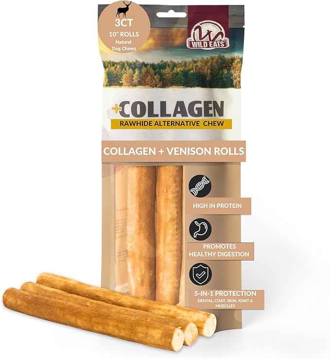 Wild Eats Venison Flavor Collagen Retriever Style Cheek Rolls 10" Dog Chews-3 Pack (Long Lasting Dog Chews Treats & Bones for Medium Dogs) Substitute for Pig Ears for Dogs