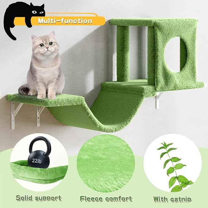 NUNU LAB Wall Mounted Cat Wall Shelves, 12-in-1 Cat Wall Climber with Condos House, Scratching Post, Bridge Ladder, Indoor Space-Saving Furniture for Kittens Play, Green
