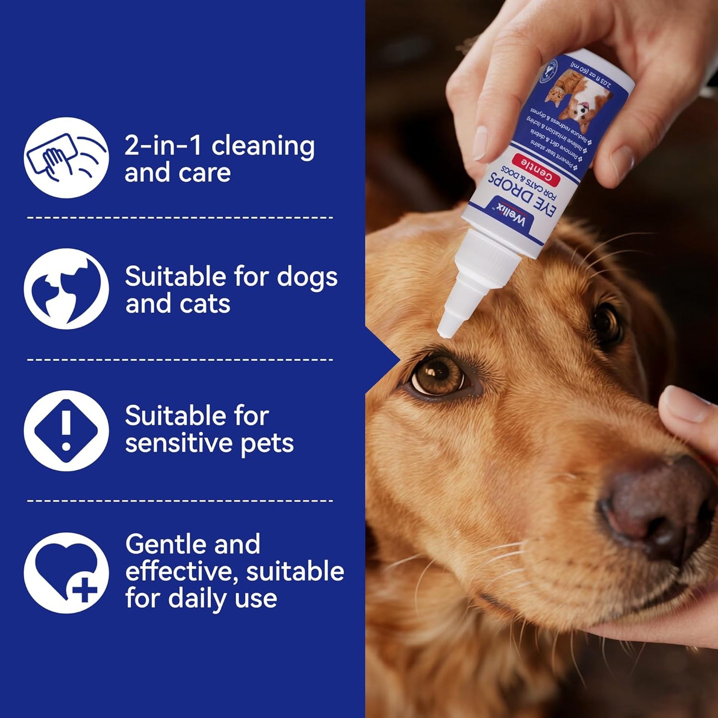 Wellix PET Dog Eye Drops, Eye Drops for Dogs&Cats, Dog Eye Infection Treatment to Soothe Eye Allergy, Soothe Dry Eyes Pink Eyes, Dog Tear Stain Cleaner-60ml