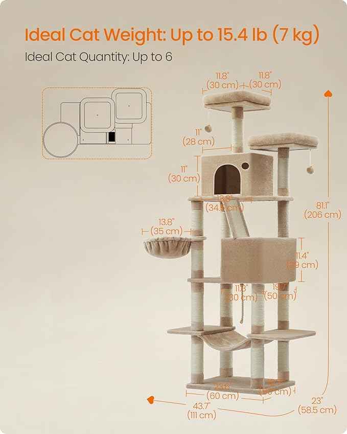 Feandrea Cat Tree, 81.1-Inch Large Cat Tower, Multi-Level Plush Condo with 13 Scratching Posts, 2 Perches, 2 Caves, Basket, Hammock, Pompoms, Camel Brown UPCT190K01