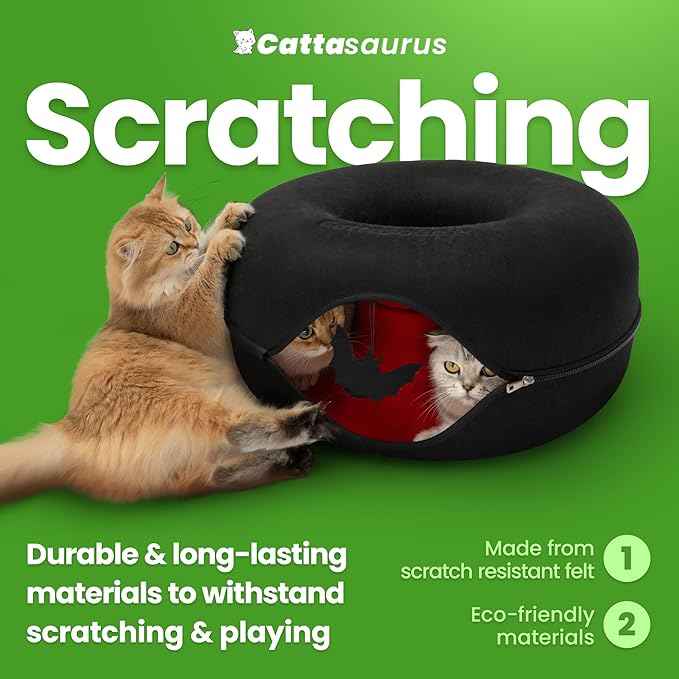 Cattasaurus Unique Peekaboo Cat Cave for Multiple & Large Cats Up to 30-45 Lbs, Scratch Detachable & Washable Tunnel Bed, Gothic Bat Donut Cat Cave (Duo Large Set)