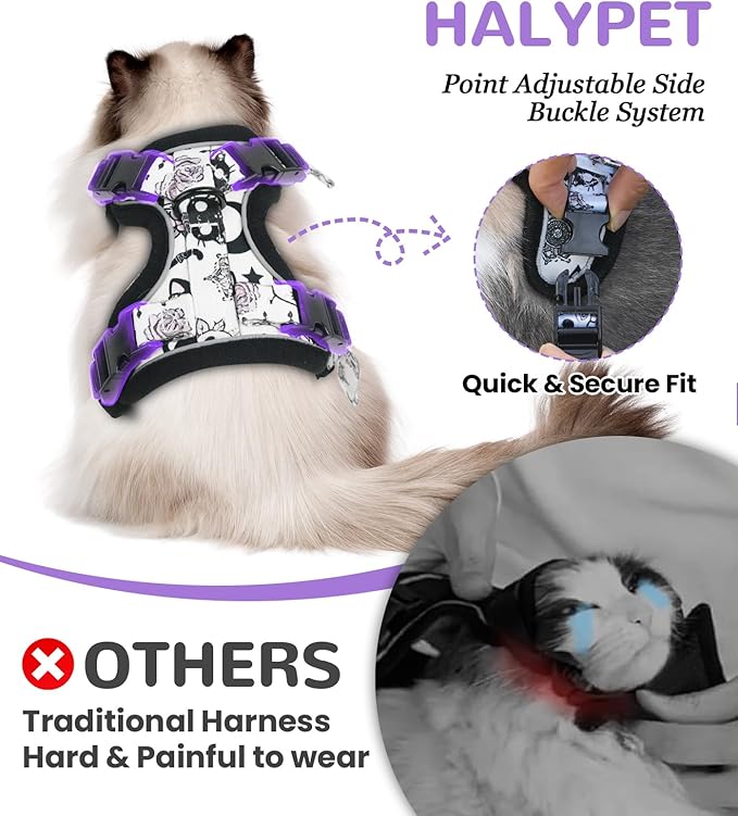 Halypet Cat Harness and Leash Set for Walking, Escape Proof Adjustable Vest Harness with 3-in-1 Integrated Buckles, Easy Control Soft Breathable Mesh with Reflective Strips for Cats, S, Moonlight Meow