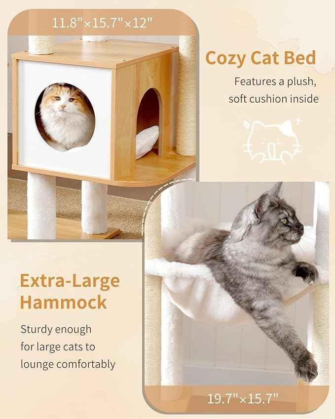 Heybly Cat Tree, 70.5 Inch Wood Tall Cat Tower for Large Indoor Cats with Extra Stable Structure, Modern Cat Furniture with All-Sisal Scratching Posts, Cat Condo & Hammocks, Walnut HCT121WB