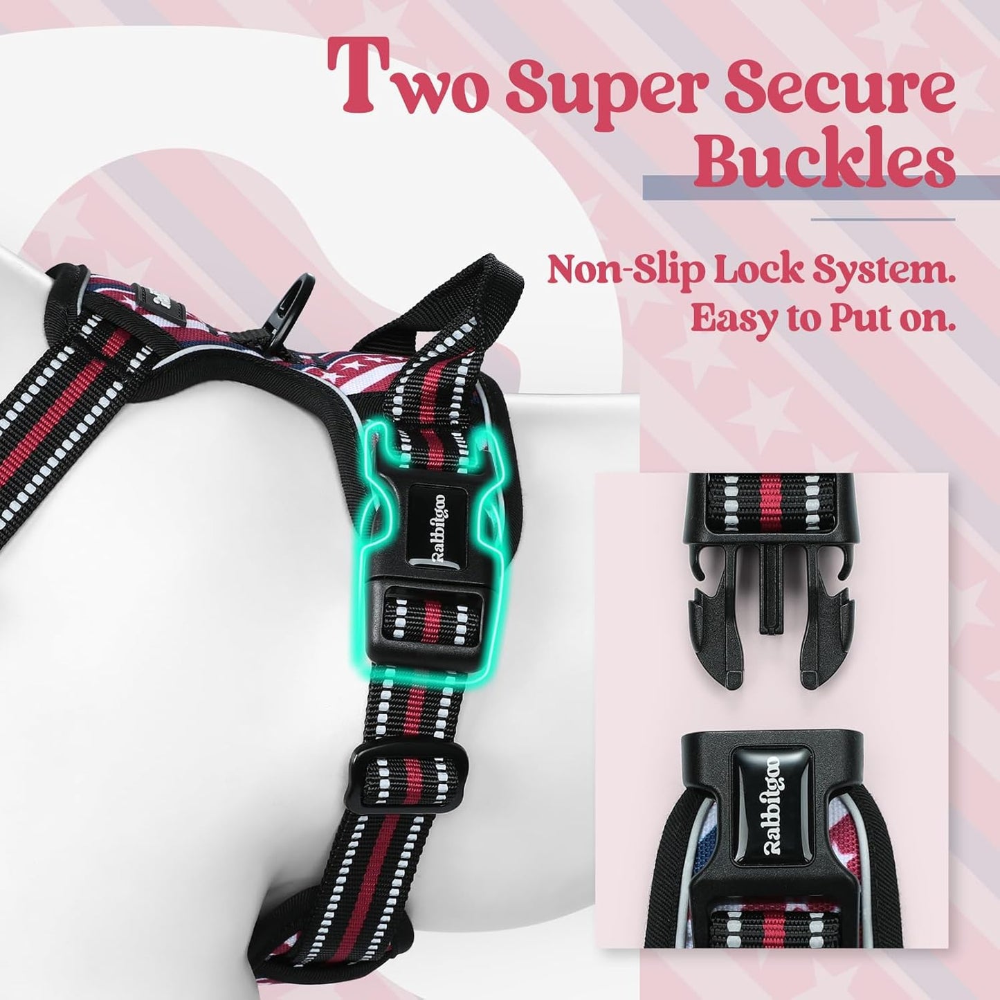 rabbitgoo Dog Harness No Pull with 2 Leash Clips, Adjustable Soft Padded, Reflective Oxford No Choke Pet Vest with Easy Control Handle for Large Dogs, Red Stripe, L