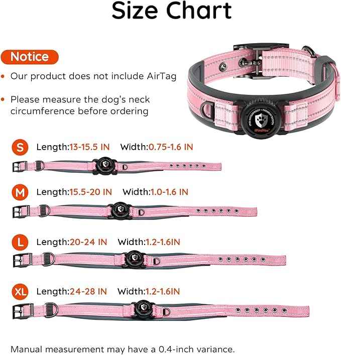 Upgraded AirTag Dog Collar with Holder, Waterproof Reflective Air Tag Dog Collar with Widened Comfortable Padding & Ultra-Durable Metal Buckle, Adjustable for Medium (Pink, Small)