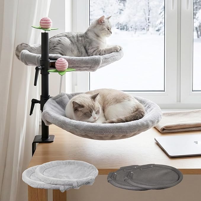 Double Cat Desk Bed, 360° Rotating & Adjustable Desk Mount with Soft Faux Fur & Breathable Mesh Accessories, Ergonomic Cat Perch for Remote Workers,Gamers, and Office Staff - Supports up to 44 lbs