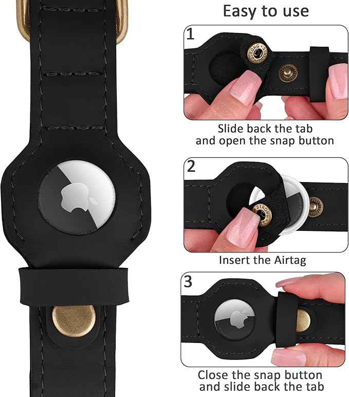 AirTag Dog Collar - Genuine Leather Dog Collar with Apple AirTag Holder and Metal Buckle - Smart GPS Tracking Pet Collars (Black, S, 12"-15" Neck Fit)